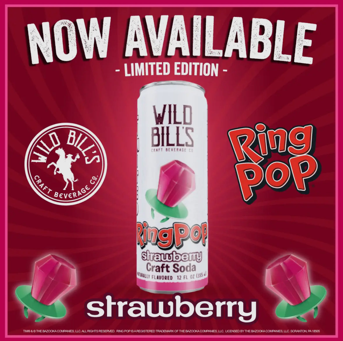 Wild Bills Ring Pop Strawberry Pure Cane Sugar Soda!!