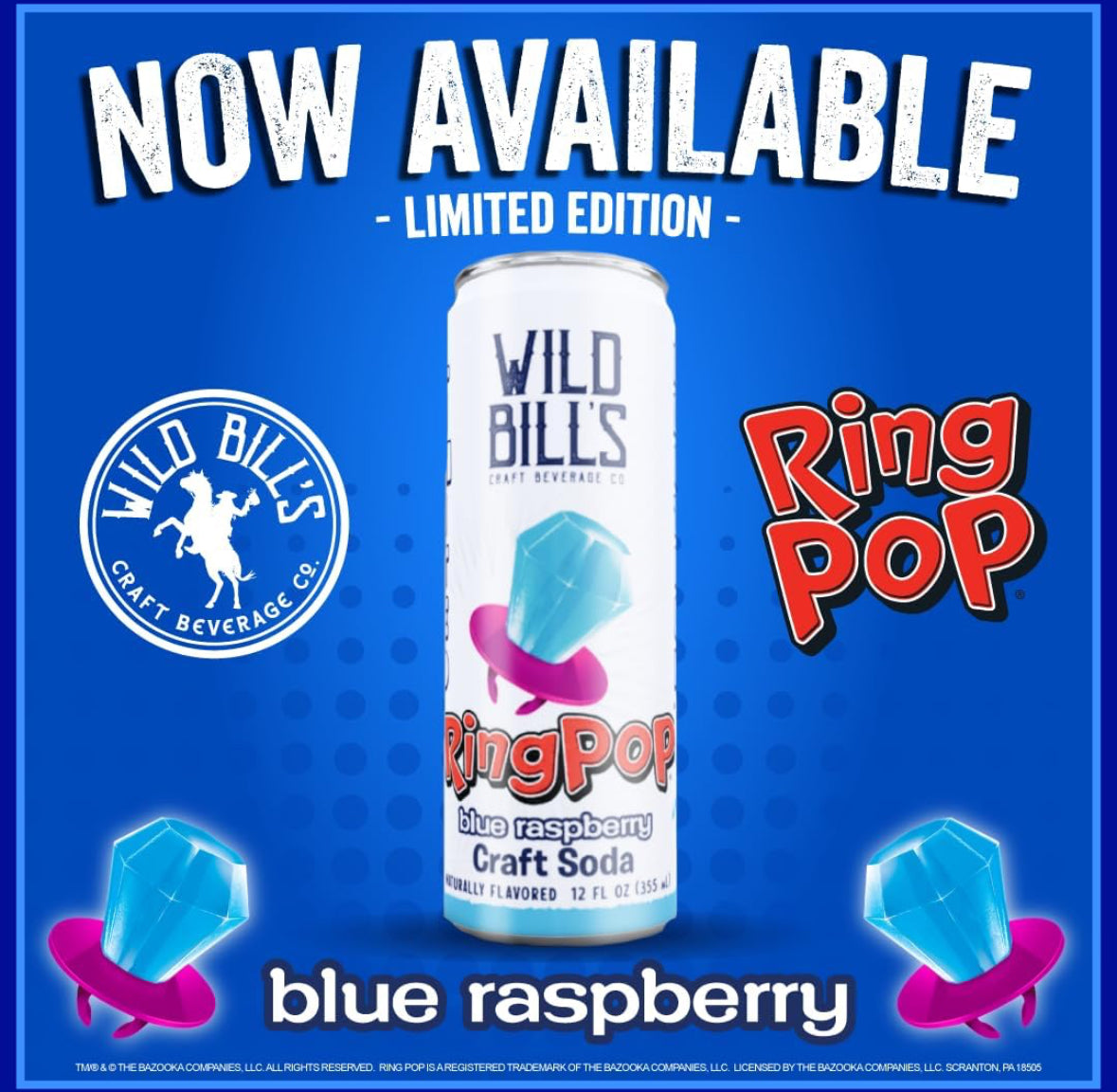 Wild Bills Ring Pop Blue Raspberry Pure Cane Sugar Soda!!