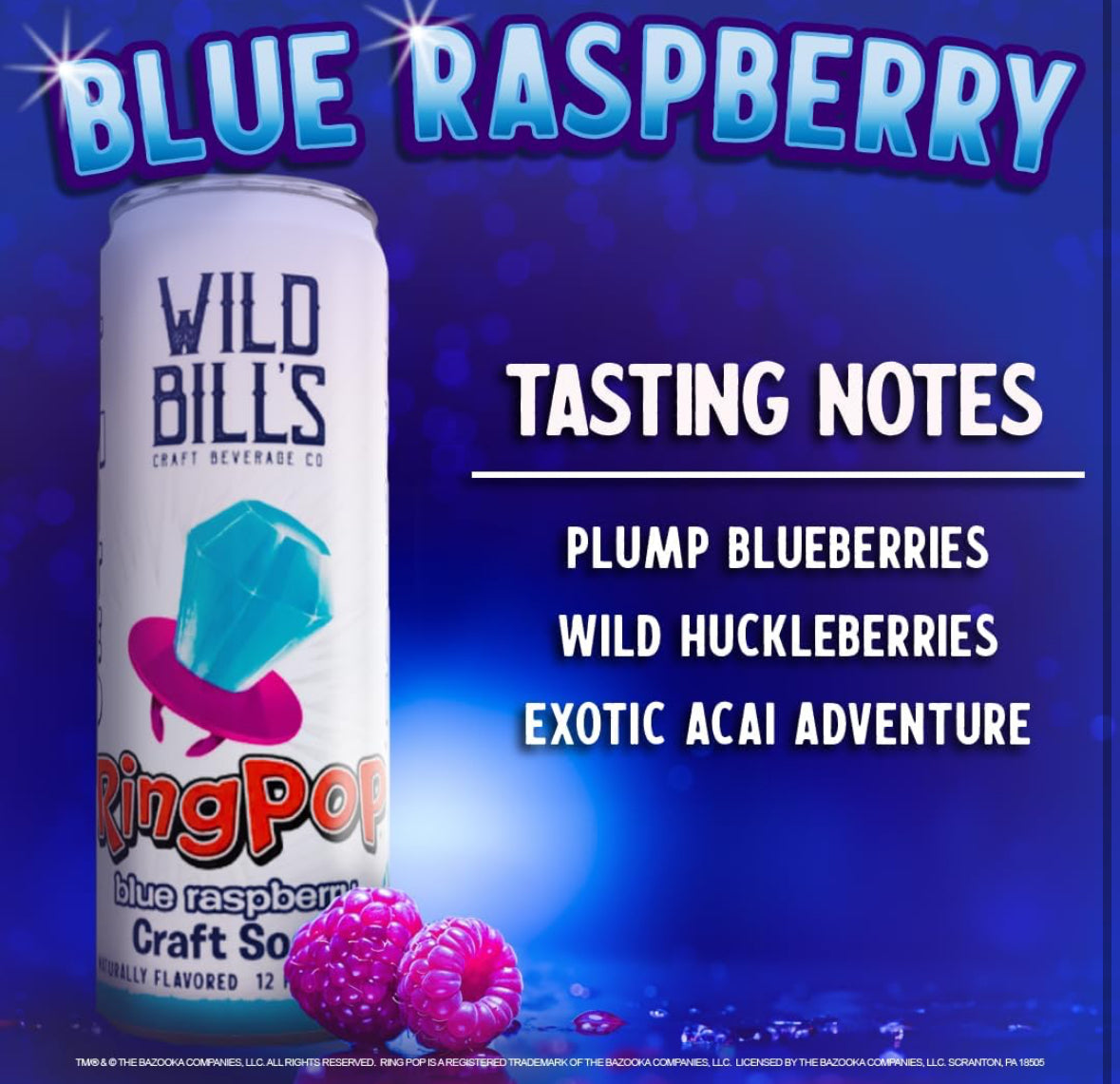 Wild Bills Ring Pop Blue Raspberry Pure Cane Sugar Soda!!
