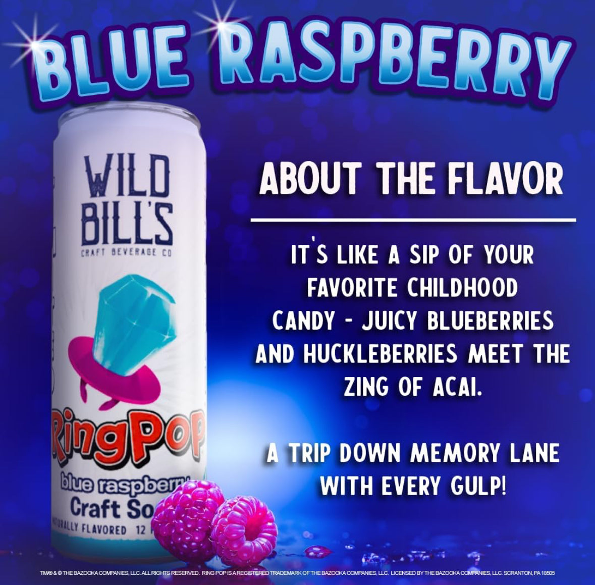 Wild Bills Ring Pop Blue Raspberry Pure Cane Sugar Soda!! (12oz)