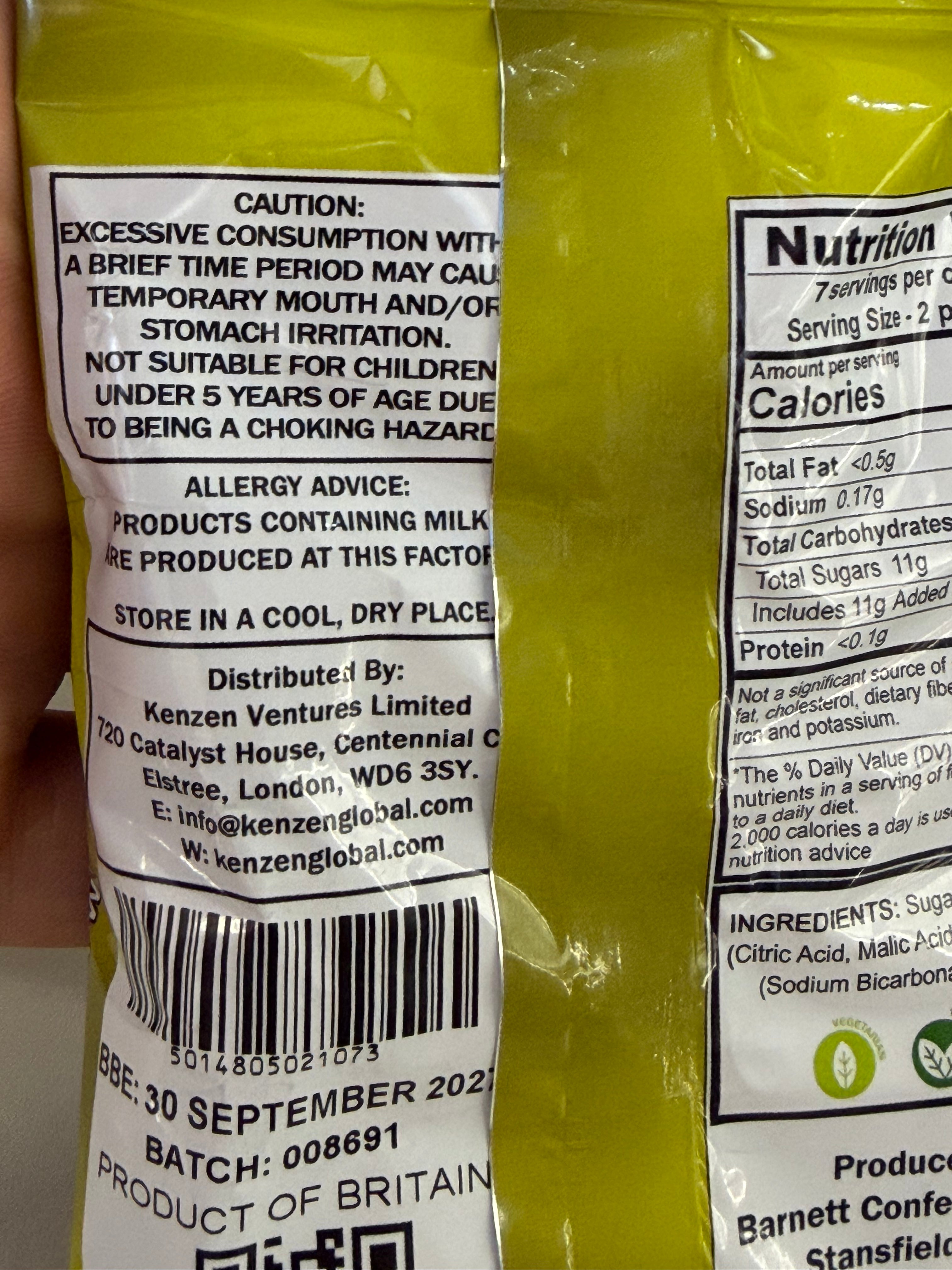 Barnetts Mega Sour Lemon ๐ Candy (104g) Vegan & Gluten-Free!