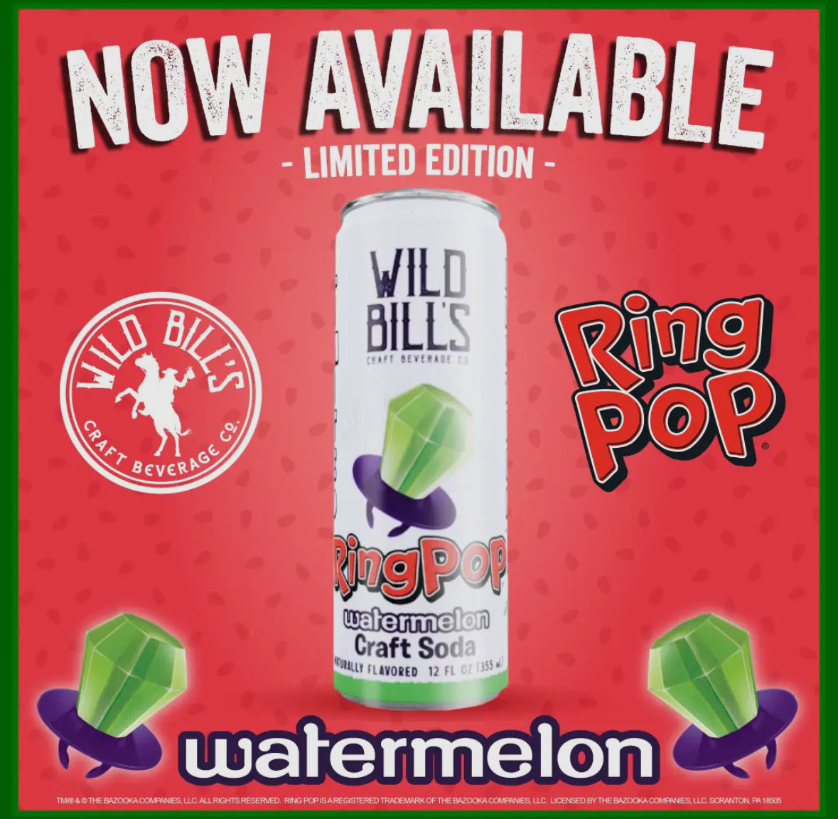 Wild Bills Ring Pop Watermelon Pure Cane Sugar Soda!! (12oz)