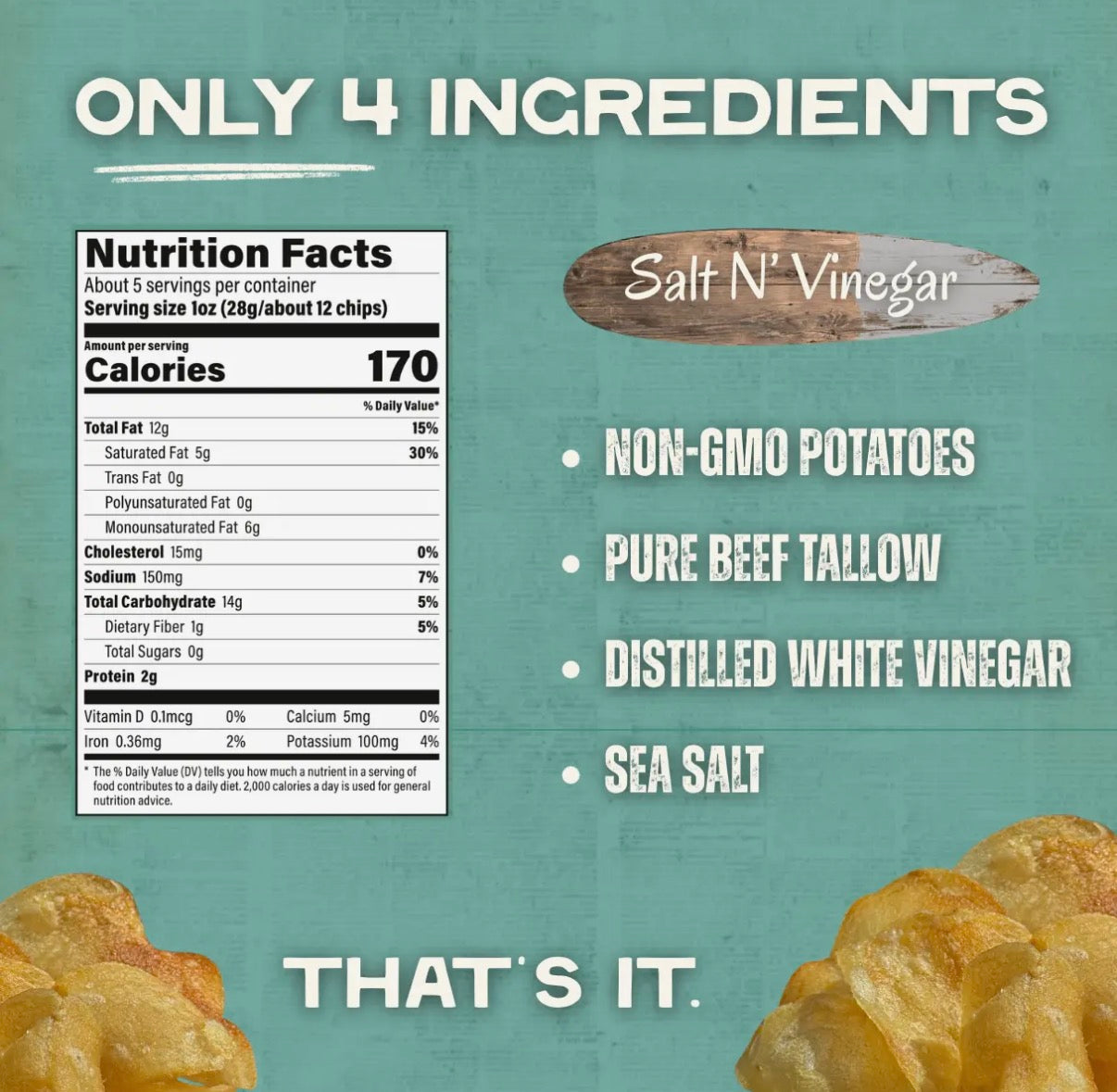 Beefy’s Own Beef Tallow Chips Salt n Vinegar (5oz) Gluten Free! NO Seed Oils!