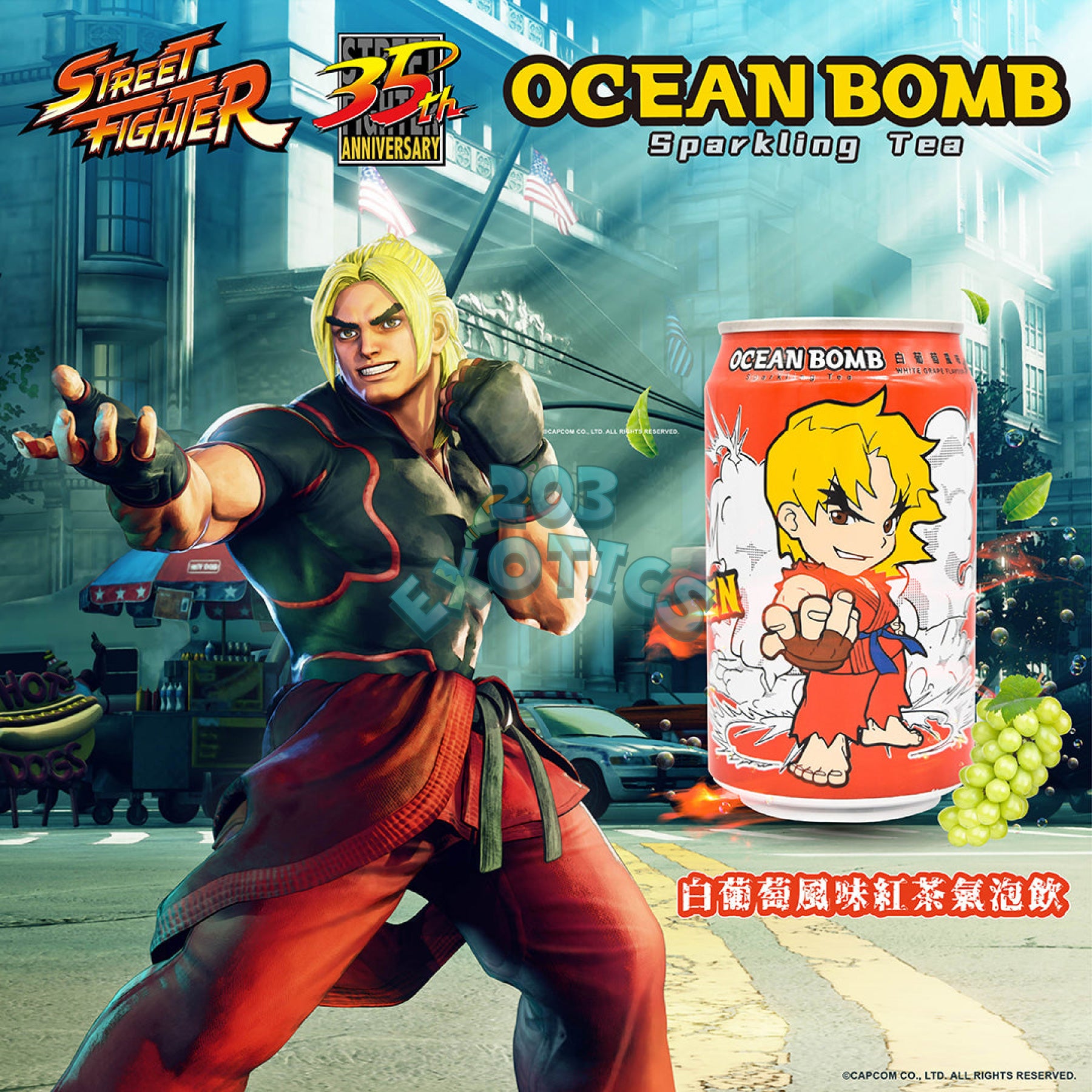 Ocean Bomb Street Fighter Ken Sparkling Tea White Grape Flavor